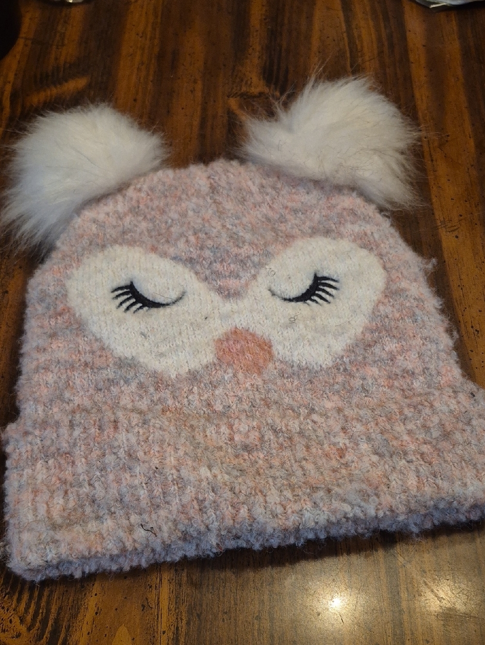 Place Pink Fuzzy Owl Pom-Pom Beanie